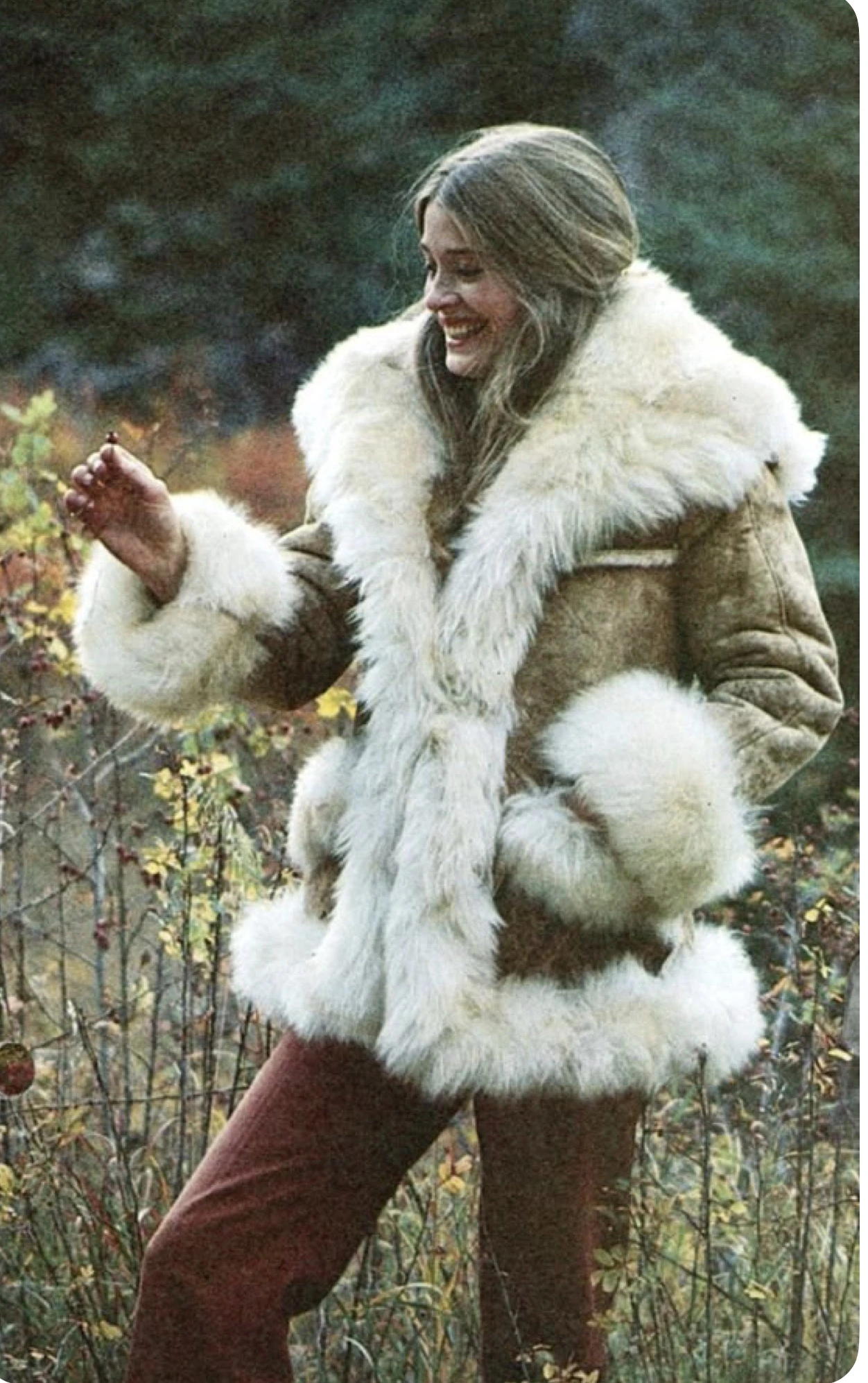 Model wearing vintage shearling fur coat